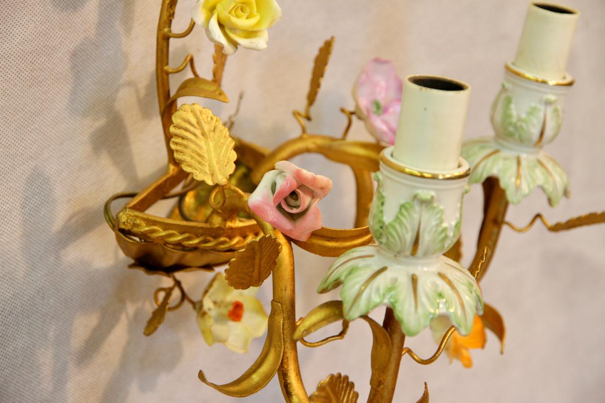Pair Of Gilded Metal And Porcelain Sconces, XXth Century-photo-5