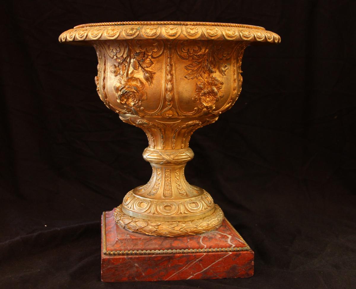 Gilded Bronze Cup On Marble Base, 19th Century-photo-2