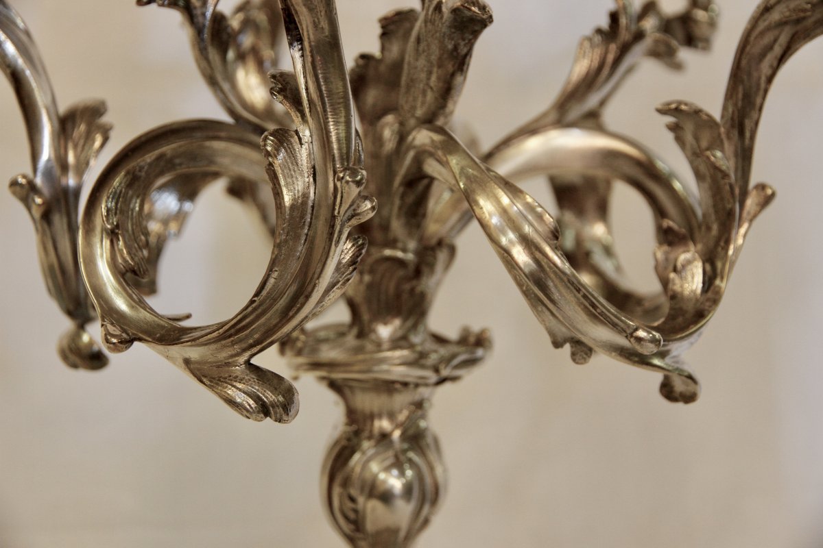 Pair Of Candelabras In Silvered Bronze, 19th Century-photo-1