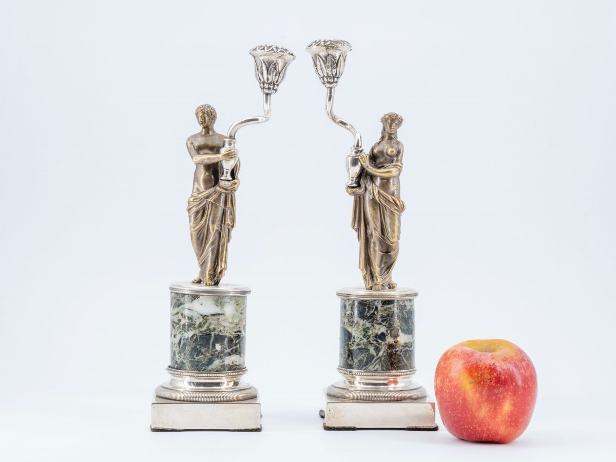 Pair Of Neoclassical Silvered Bronze Candlesticks, 19th Century-photo-2