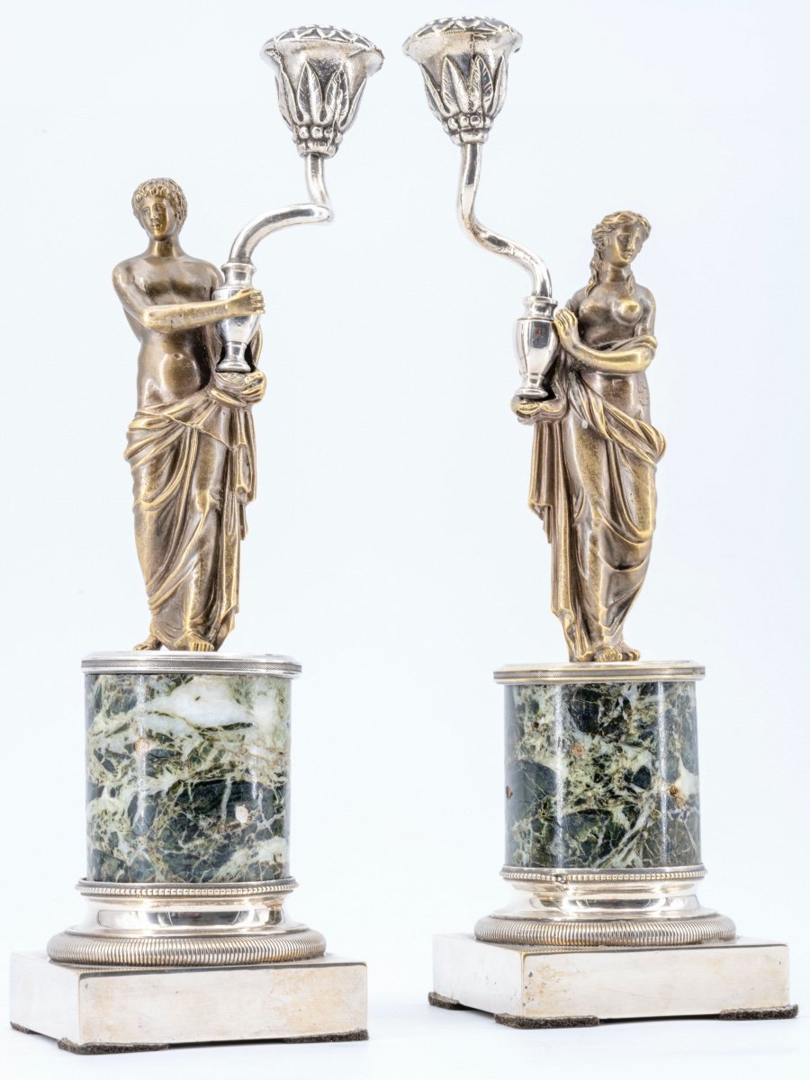 Pair Of Neoclassical Silvered Bronze Candlesticks, 19th Century-photo-2