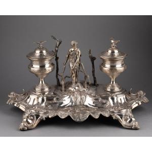 Solid Silver Inkwell Depicting Psyche, 19th Century