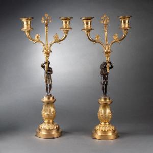 Pair Of Bronze Candlesticks, 19th Century