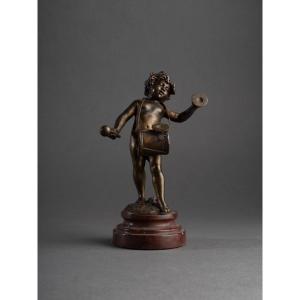 Bronze D’un Putto Musicien, Auguste Moreau (1834 - 1917) 