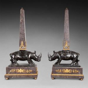 Pair Of Rhinoceroses With Obelisks, 19th Century