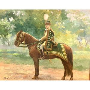 Oil On Cardboard Depicting A Hussard Rider, 20th Century