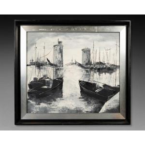 Huile sur toile figurant le port de La Rochelle, XXe siècle