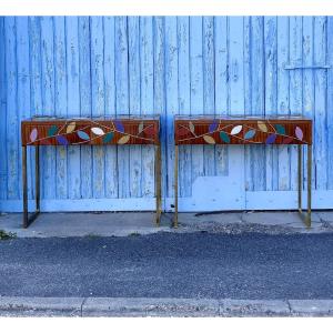 Two (2) Console Tables Clad In Murano Glass Foliage, 20th Century