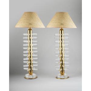 Pair Of Brass And Murano Glass Lamps, 20th Century