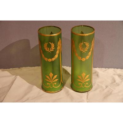 Pair Of Glass Vases, Green And Gold, Napoleon III Era