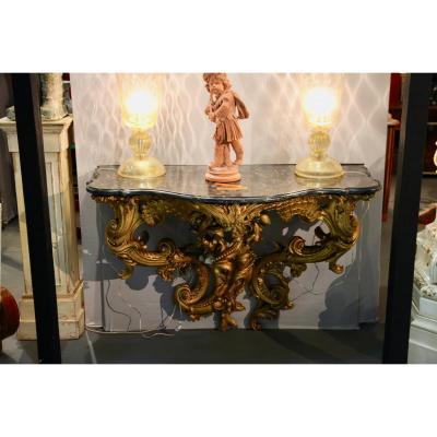 Console En Bois Doré Et Plateau De Marbre Portor D’époque Fin XVIIIe / Début XIXe Siècle