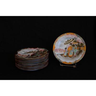 Suite Of 10 Japanese Dessert Plates, Late 19th / Early 20th Century