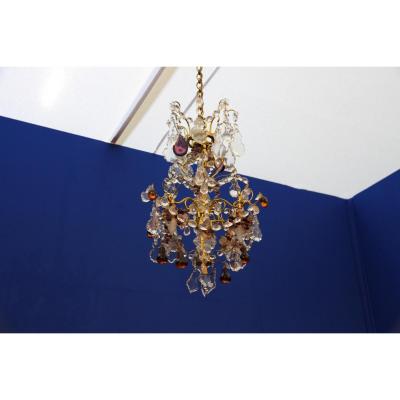 Small White Glass And Colorful Glass Chandelier, Early 20th Century