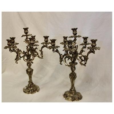 Pair Of Candelabras In Silvered Bronze, 19th Century