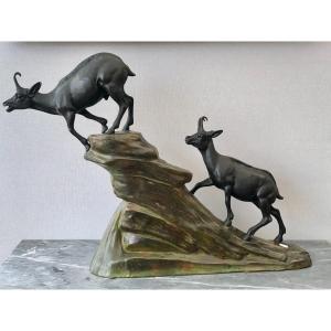 Bronze Figurant Des Chamois. Louis-albert Carvin (1875 - 1951) 