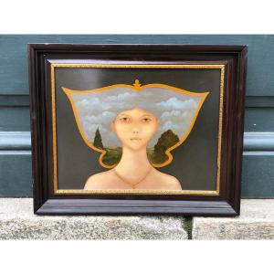 Surrealist Portrait On Wood Panel. Georges Braem (1931 - 1998), 20th Century