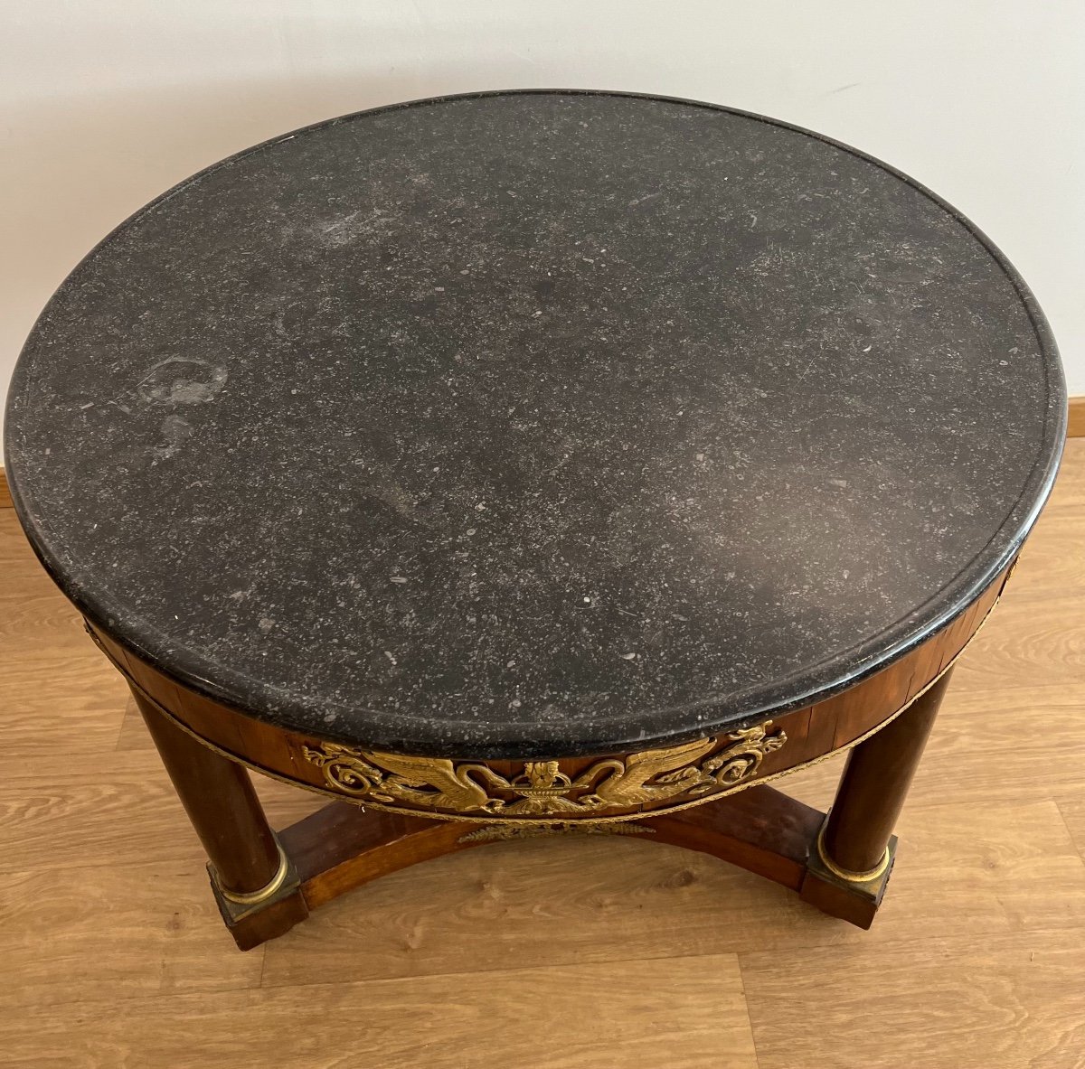 Empire Pedestal Table In Mahogany Veneer Garnished With Chiseled And Gilded Bronze Top Black Marble Throat-photo-4