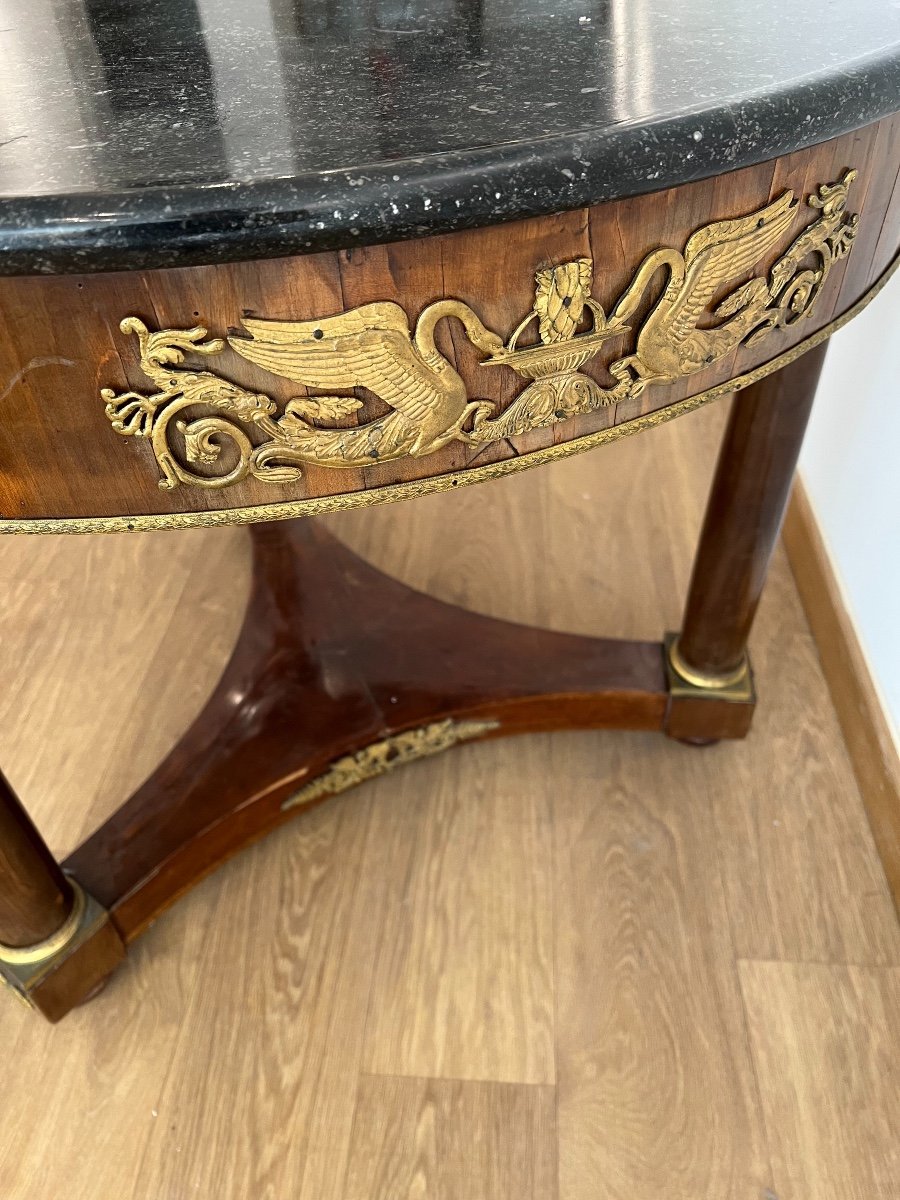 Empire Pedestal Table In Mahogany Veneer Garnished With Chiseled And Gilded Bronze Top Black Marble Throat-photo-1