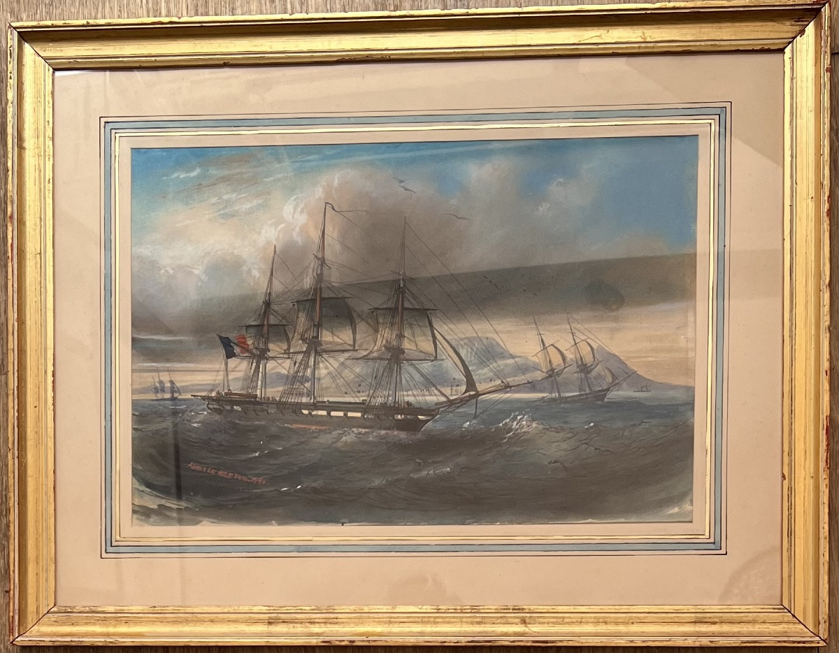 Louis Lebreton (1818-1866) Corvette de la Marine Nationale dans la rade de Toulon-photo-2
