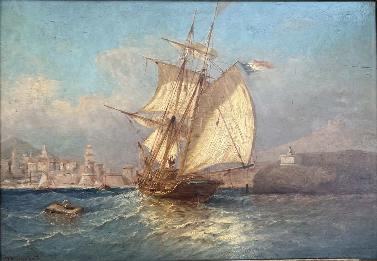 Joseph Suchet (1824-1896 Marseille) Voilier entrant dans le port de Marseille-photo-2