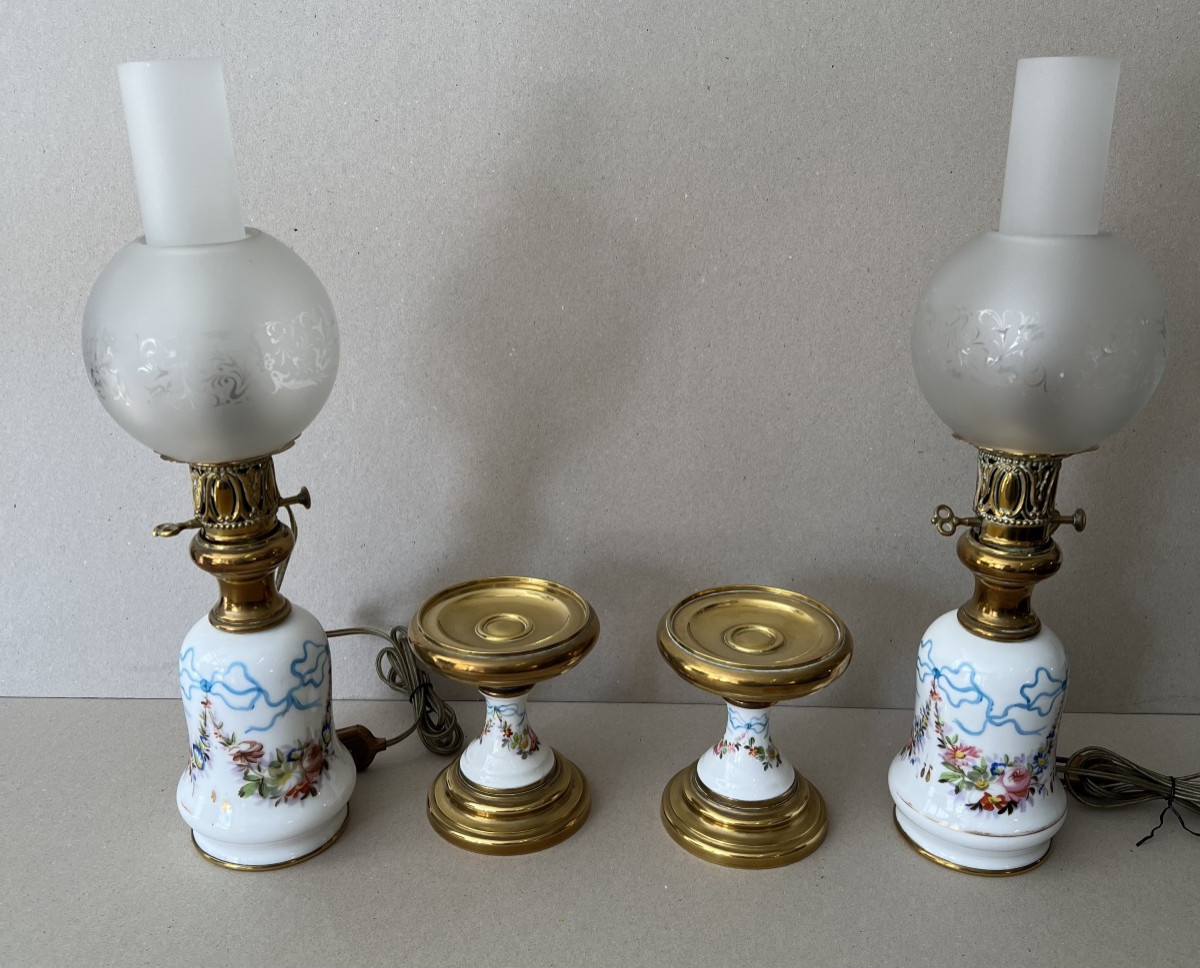 Paire de lampes à pétrole électrifiées vieux Paris XIX Siècle -photo-2