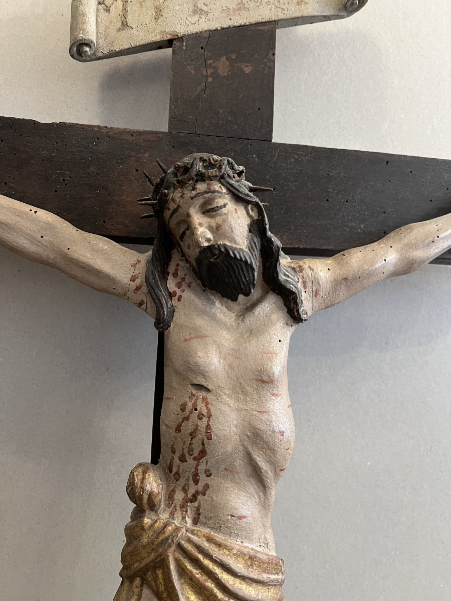 Christ On The Holy Cross, 18th Century Spanish, Wood, Polychrome. Good Condition.-photo-2