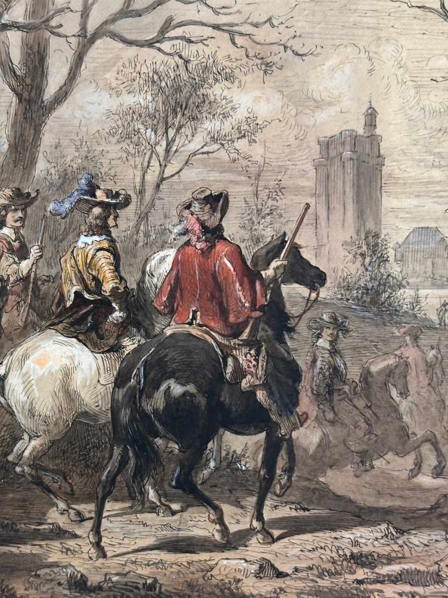 Gustave Roux 1828 1885 Cavaliers a la Chasse aquarelle et encre-photo-1