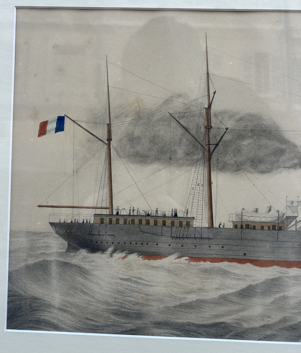 Paire de dessins des paquebots Mersey et Méandre des Messageries Imperiales, XIXème-photo-1