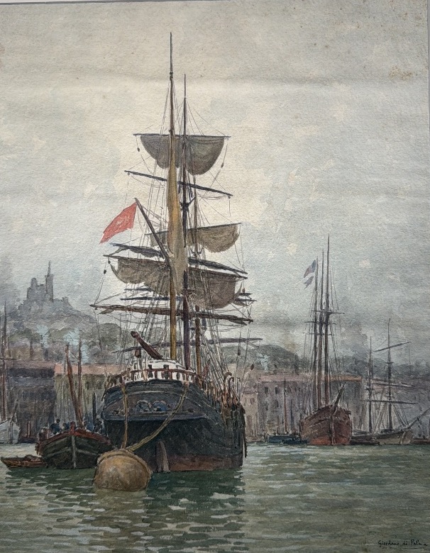 Léon Jean Giordano Di Palma (1886-?) Vue du vieux port de Marseille et notre dame de la garde-photo-2