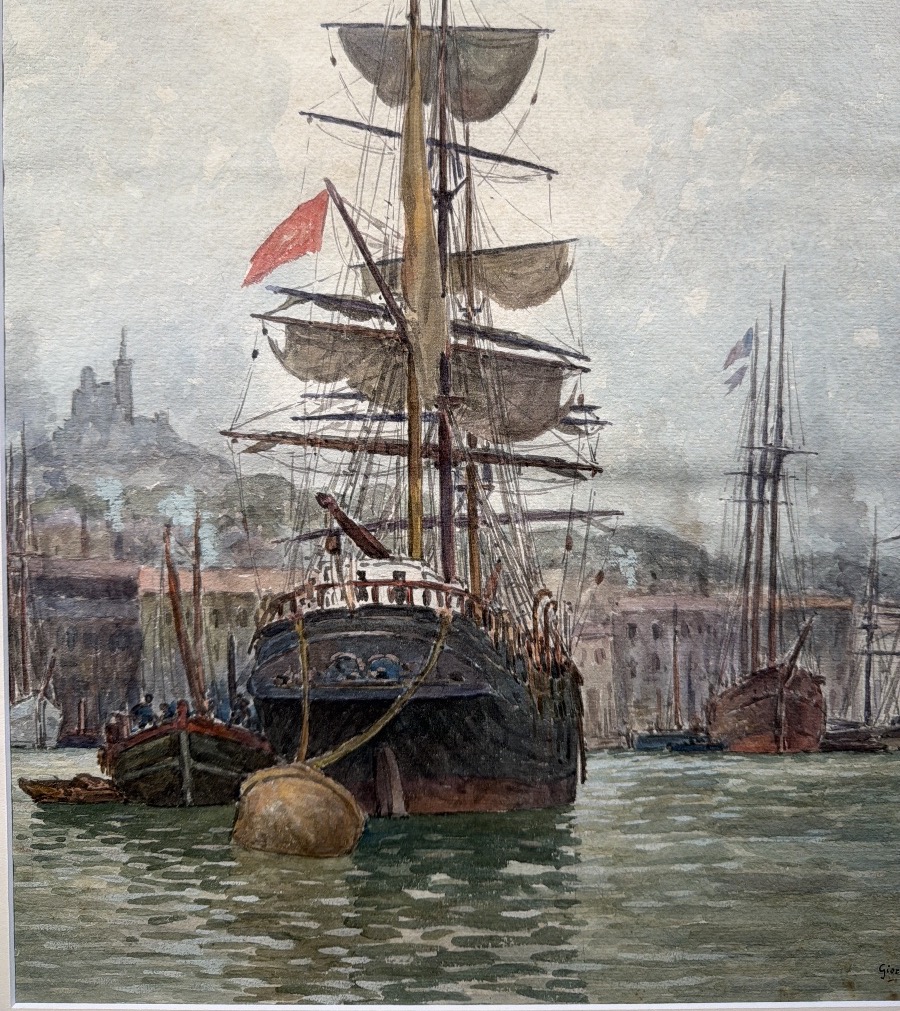 Léon Jean Giordano Di Palma (1886-?) Vue du vieux port de Marseille et notre dame de la garde-photo-3