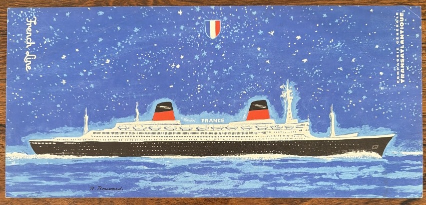 Affichette du paquebot France par R. Bouvard vers 1960