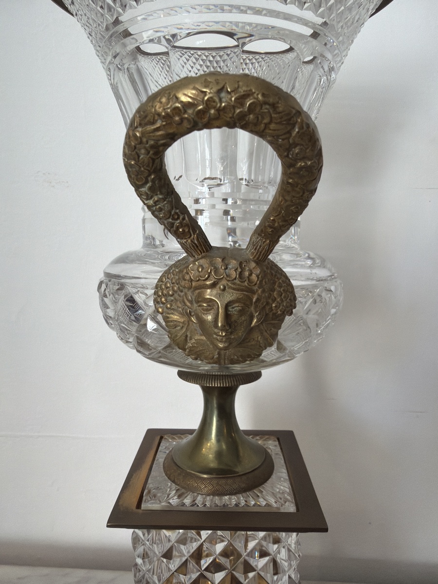 Grande urne Médicis en bronze doré et cristal taillé début XXème-photo-3