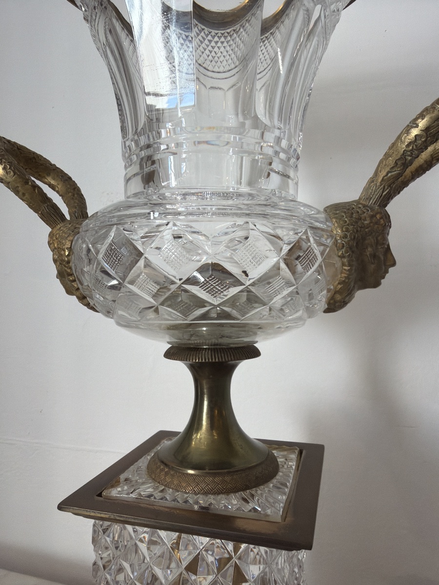 Grande urne Médicis en bronze doré et cristal taillé début XXème-photo-3