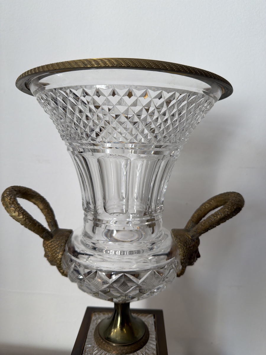 Grande urne Médicis en bronze doré et cristal taillé début XXème-photo-4