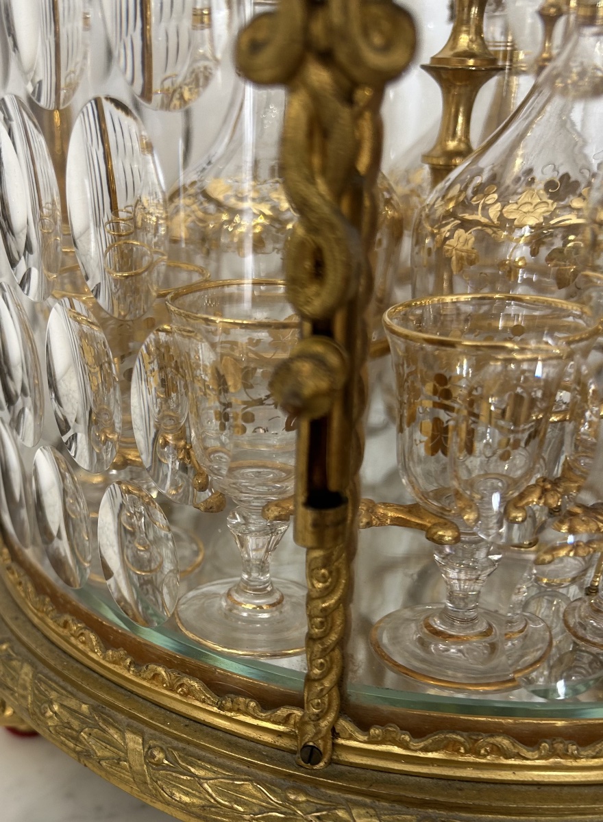 Cave à liqueur ronde en cristal taillé et bronze doré époque Napoléon III-photo-4