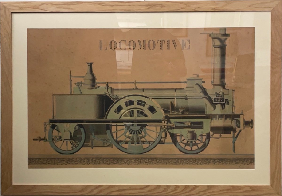 Aquarelle D’une Locomotive à Vapeur Fin XIXème