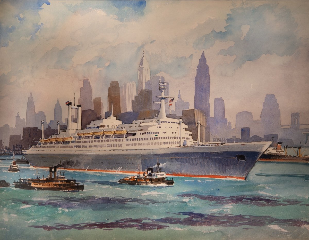 Jacques De Maillé (1915 - 1974) Portrait Du Ss Rotterdam Au Départ De New York 