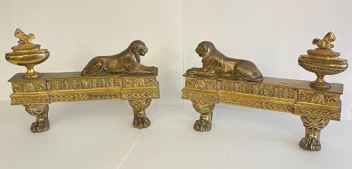 Chenet In Two Parts Period Early XIX Century Gilt Bronze