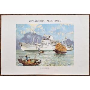 Affiche d’époque du paquebot Cambodge des Messageries Maritimes par Albert Brenet