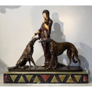 Louis Riché (1877–1949) Woman With Greyhounds, Chryselephantine Sculpture In Bronze And Ivory 