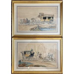 Pair Of Watercolor From La Malle Poste Nineteenth