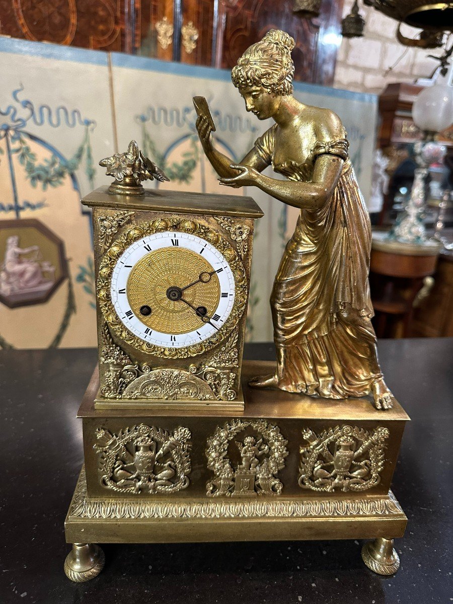 Empire Clock Representing A Woman With A Butterfly 19th