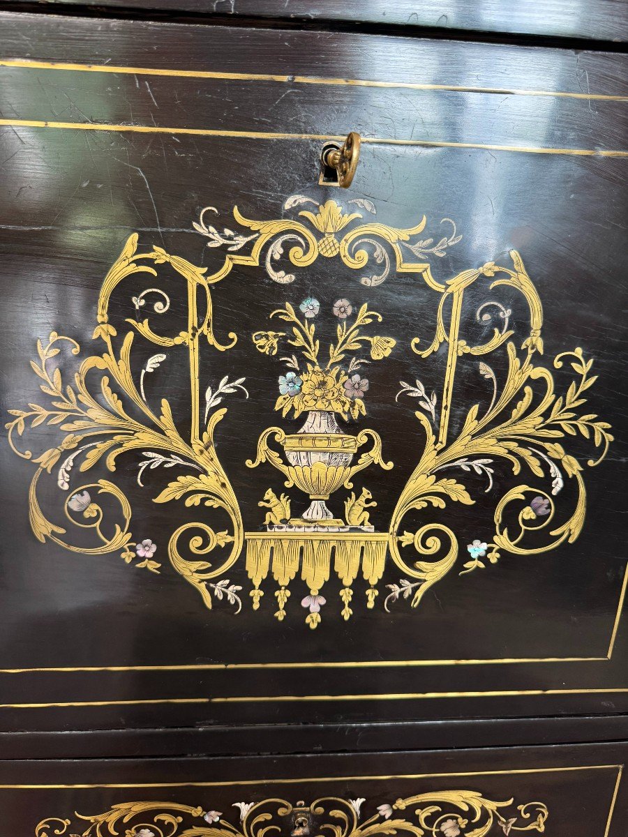 SECRETAIRE NAPOLEON III - XIXème en bois noirci et marqueterie de laiton-photo-2
