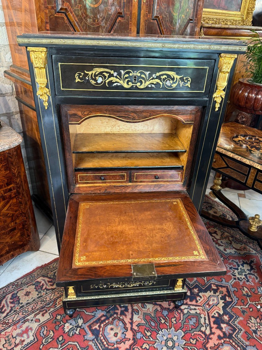 SECRETAIRE NAPOLEON III - XIXème en bois noirci et marqueterie de laiton-photo-4