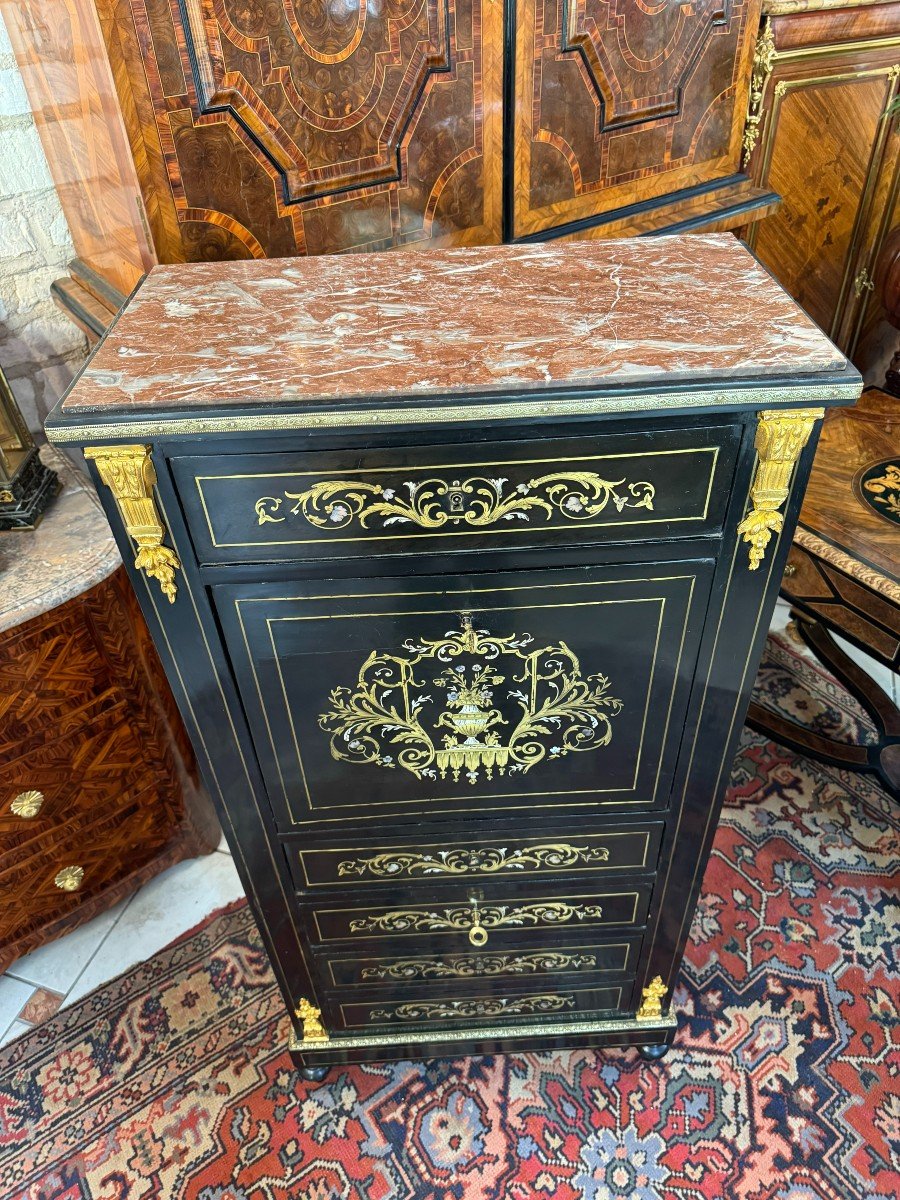 SECRETAIRE NAPOLEON III - XIXème en bois noirci et marqueterie de laiton-photo-5