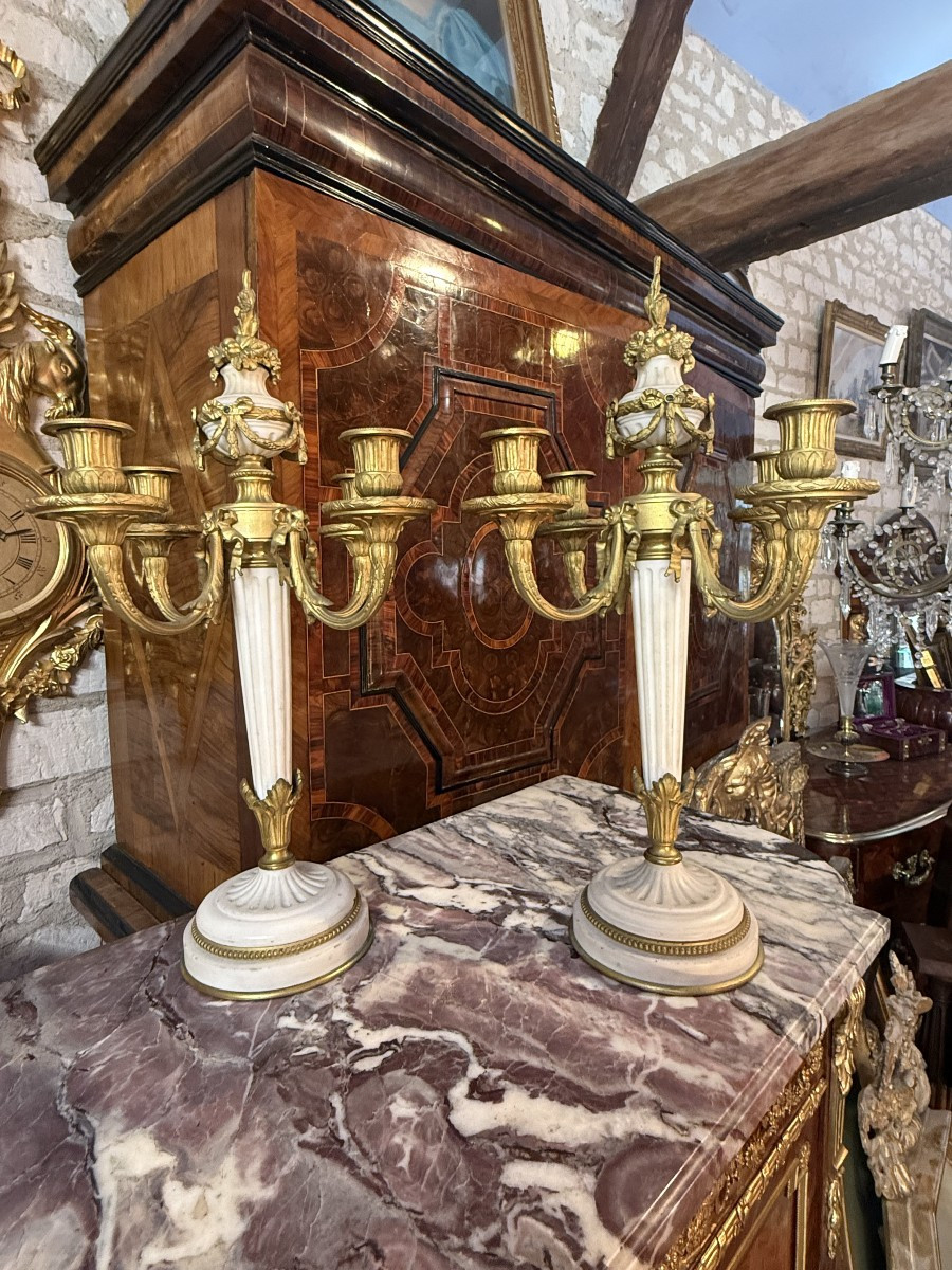 Pair Of Louis XVI Style Marble And Bronze Candelabra
