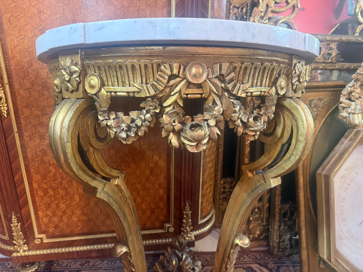 Louis XVI Style Half-moon Wall Console In Carved And Gilt Wood-photo-2