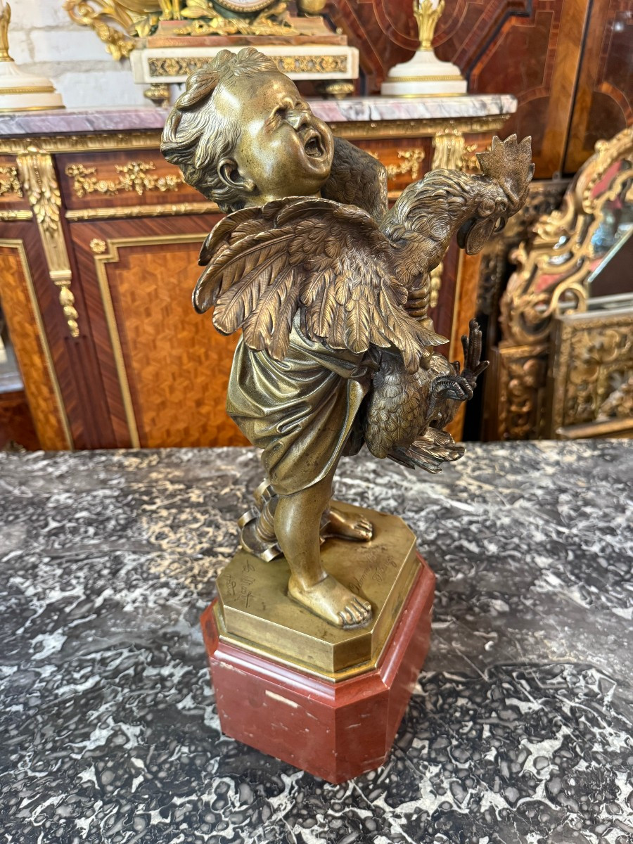  Bronze The Child With The Rooster Signed Adriano Cecioni (1836-1886)-photo-3