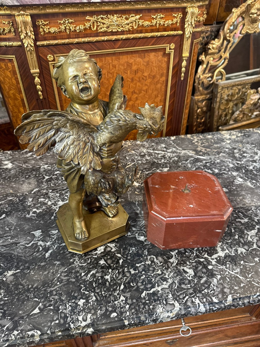  Bronze The Child With The Rooster Signed Adriano Cecioni (1836-1886)-photo-5