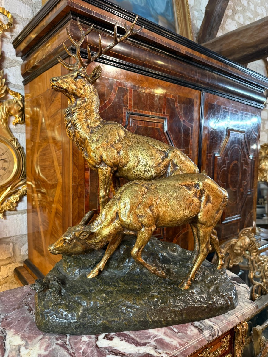 BRONZE « CERF ET BICHE » SIGNE J-E. MASSON